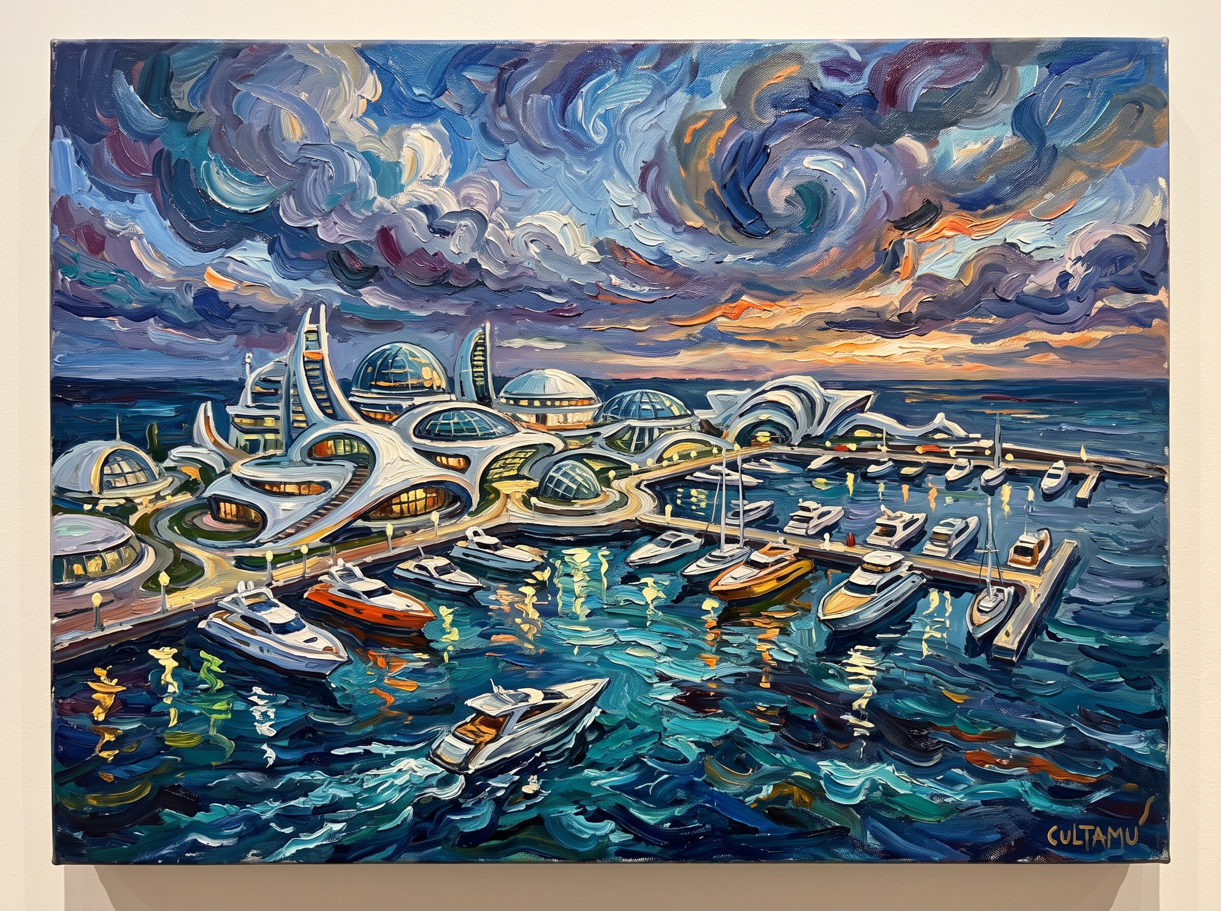 Floating City Marina of the Future - Post-Impressionist AI digital artwork inspired by Vincent van Gogh