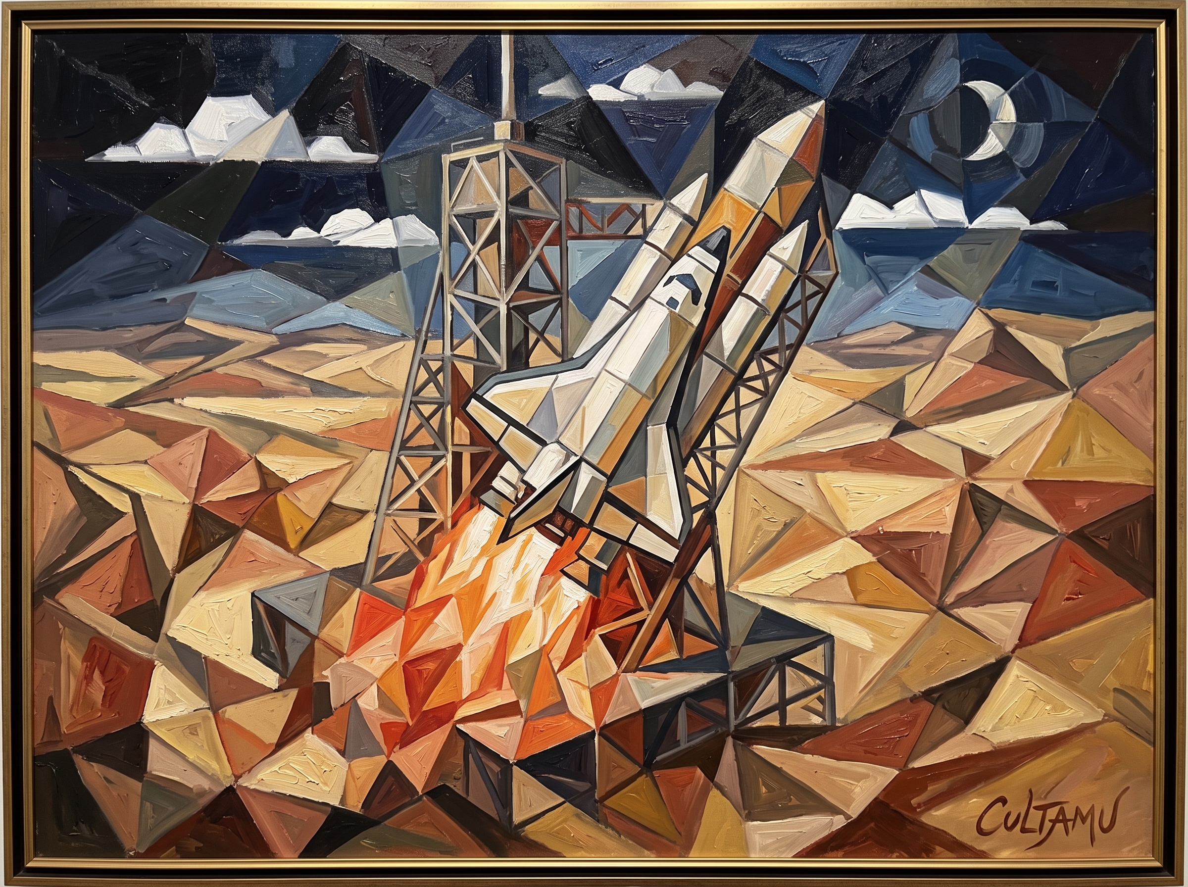 Space Tourism Launch Pad - Cubist AI digital artwork inspired by Pablo Picasso