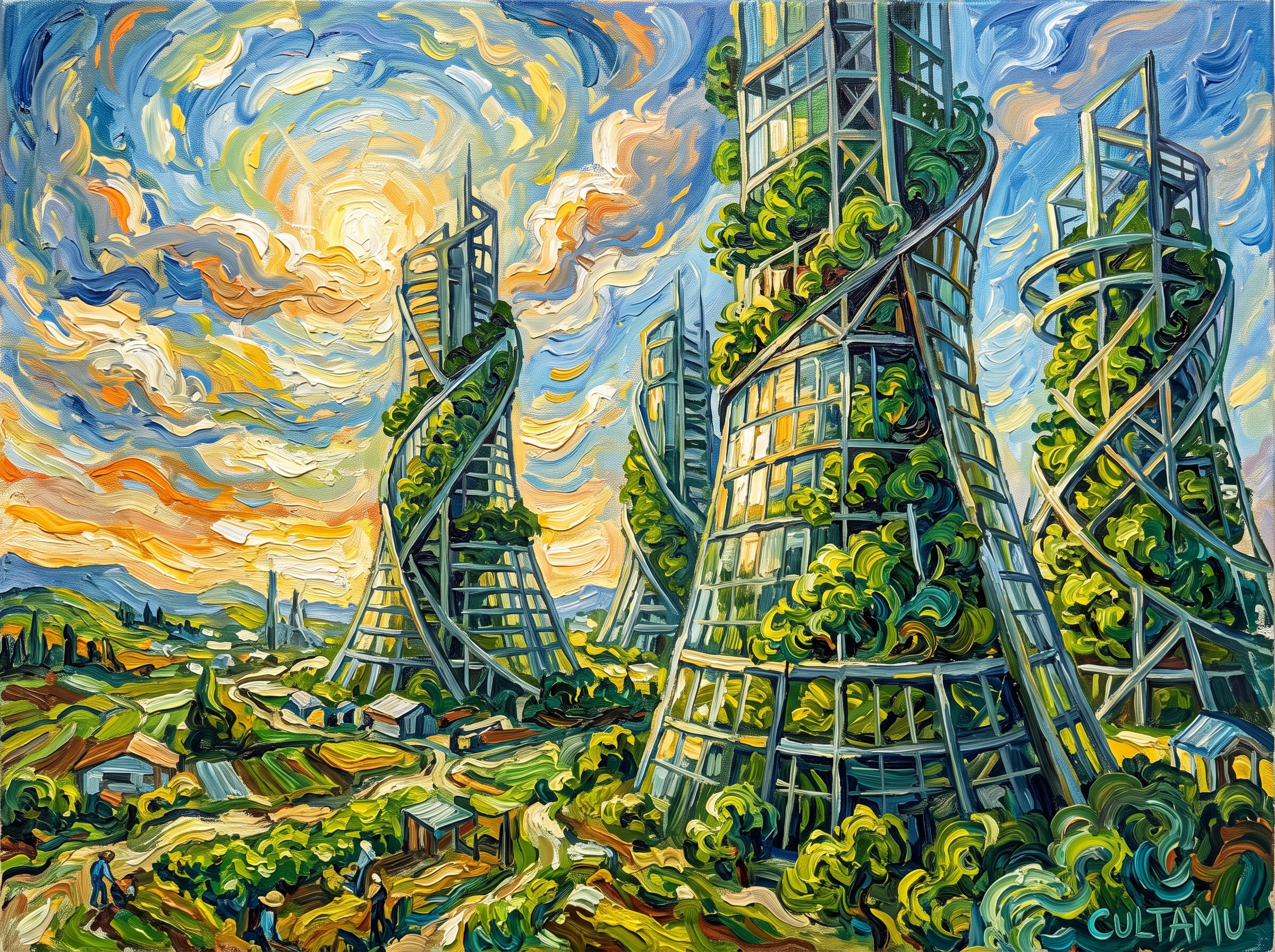 Vertical Farm Towers in Morning Light (Post-Impressionist Oil)