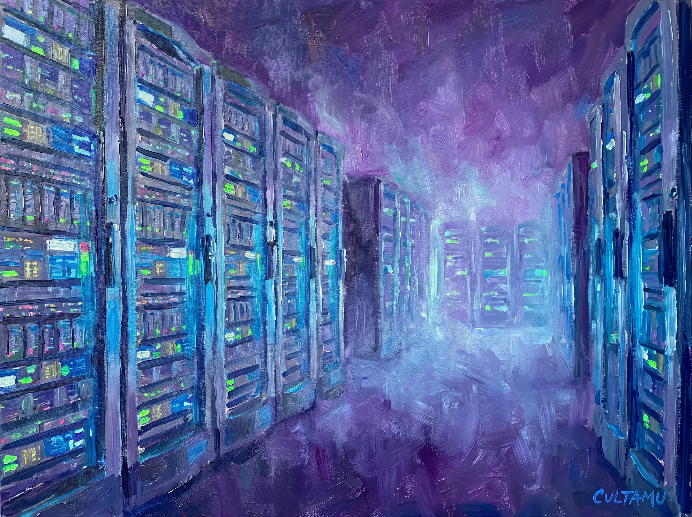 Server Farm in Digital Fog (Impressionist Oil)